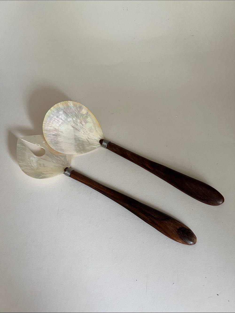 Mother of Pearl Shell salad serving spoons with polished wood handles